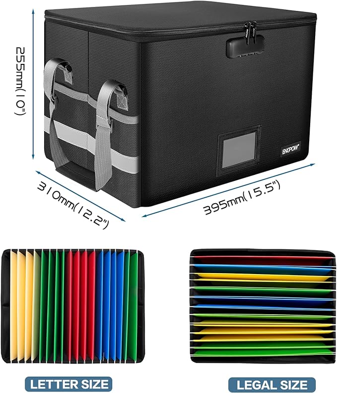 ENGPOW Fireproof File Box with Lock, Document Storage Organizer Box with Inserts and Mesh Pockets
