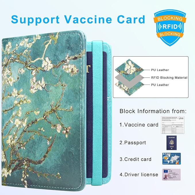 ACdream RFID BLOCKING Passport Holder Travel Wallet - Premium PU Leather Cover Passport book with Card Holder, Pen Slot, Keep Organization, and Travel Essentials for Women and Men, Blossom