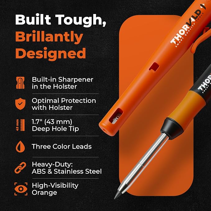 THORVALD New Carpenter Pencils with Holster for Construction - Incl. 7 Leads + Sharpener - Solid Mechanical Pencils with Fine Point/Best Marking tools Construction/Carpenters/Scriber
