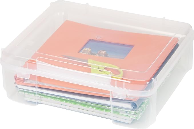 IRIS USA Scrapbook Case |Made in USA| Fits 12"x12" - Thick (1-Pack) - Clear | Portable Plastic Storage Organizers with Built-In Handles for Paper, Art, Board Games, Crafts, Files & Office Supplies