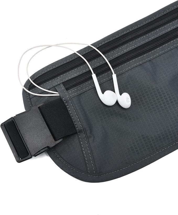 RFID Blocking Money Belt for Men Women, Slim Fanny Pack for Travel，Running,Conceal Waist Wallet for Passport Holder,Phone,Cash(Black Dark Grey)