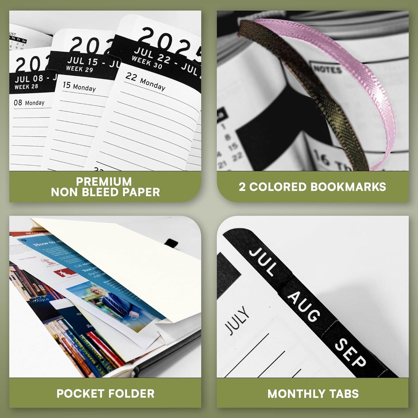 Ensight 2025-2026 HARDCOVER Leather Planner Weekly & Monthly - 6.5x8.5 Inches - Academic Planner Business Personal or Student - Pen Holder, Thick Paper, July 2025 - June 2026 (Olive Green)
