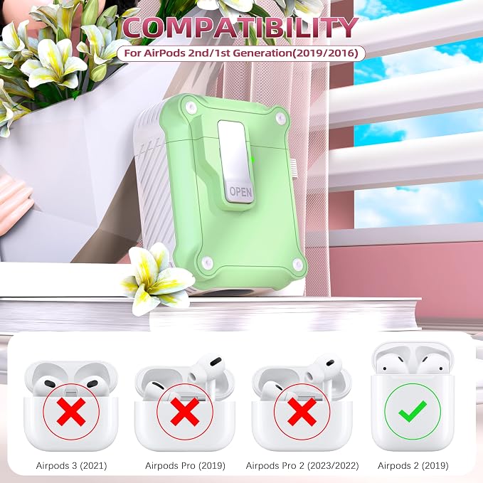 R-FUN for AirPods 2 Case Cover with Lock Magnetic Lid, White/Avocado | Compatible with Apple AirPods 2 and AirPods(2016), Case with Cleaner Kit & Keychain, Powerful Drop Protection