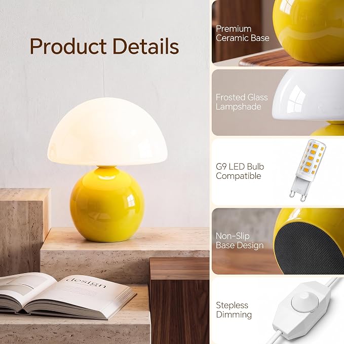 Mushroom Lamp Table Lamp for Bedroom-Small Desk Table Lamps,Yellow | 8.7" Mid Century Modern Table Lamps for Living Room Bedroom Decor,Cute Ceramic Lamps for Mushroom Home Room Decor,Glass Shade