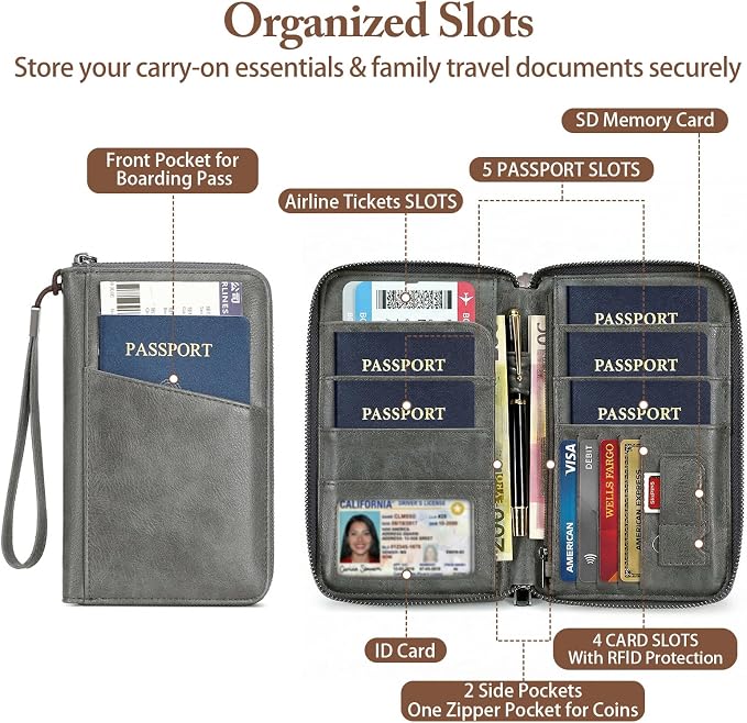 Family Passport Holder for Travel Women and Men Multiple RFID blocking Passport Holder MultiFunction Passport Wallet Passport Case Passport cover with Zipper