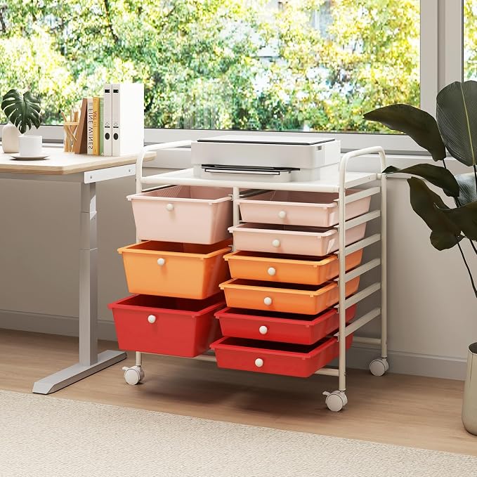 9 Drawer Rolling Storage Cart, Rolling Cart with Drawers for Classroom, Art Supply Craft Organizer on Wheel with Metal Frame & Handles for Home Office School