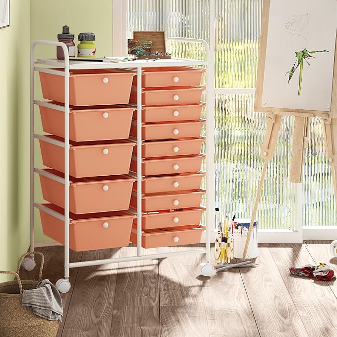 COSTWAY 15 Drawer Rolling Storage Cart, Mobile Storage Organizer | Removable Drawers & Metal Frame, Multipurpose Utility Tools Paper Organizer on Wheels for Home, Office (Peach)