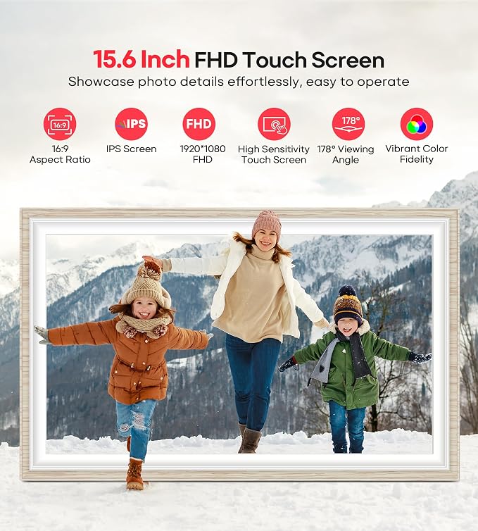 64GB Frameo 15.6" Digital Picture Frame Large 1920 x 1080 IPS FHD Touch Screen WiFi Electronic Photo Frames Share Moments Instantly Anywhere Best Gifts for Parents and Grandparents White Wood