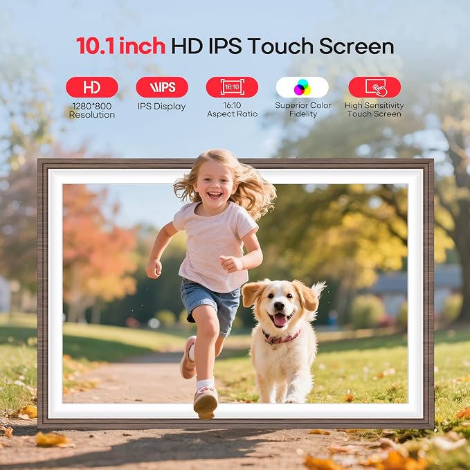 Frameo 10.1" Wood WiFi Digital Picture Frame with 32GB Memory, 1280 x 800 IPS HD Touch Screen Electronic Photo Frame, Auto-Rotate, Slideshow, Wall Mountable, Share Photos/Video Remotely Anywhere