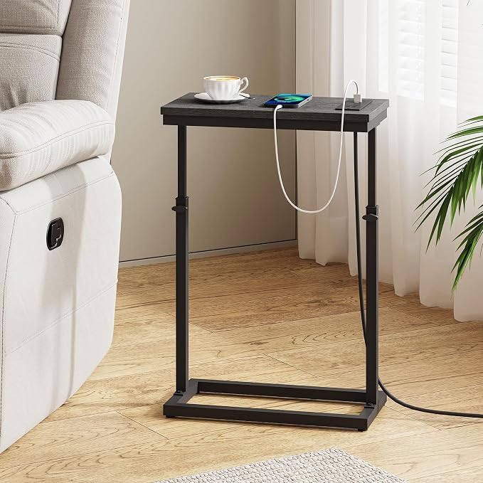 TUTOTAK End Table with Charging Station, Side Table, Tall Couch Table | Sofa Table, for living Room, Bedroom, Black TB01BK084