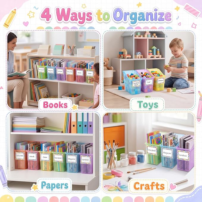 Blosssound 12 Set Book Bins for Classroom Stackable,Translucent Pastel | Plastic Baskets with Labels, Slanted Front, Library Supplies Organizers, Desktop Storage Bins, Teachers Home School Use