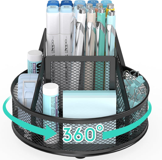 YINGHUA Metal Mesh Desk Organizer with 5 Compartments and Rotating Pencil Holder Pen and Stationery Organizer for Office Home School Anti Slip Base Black