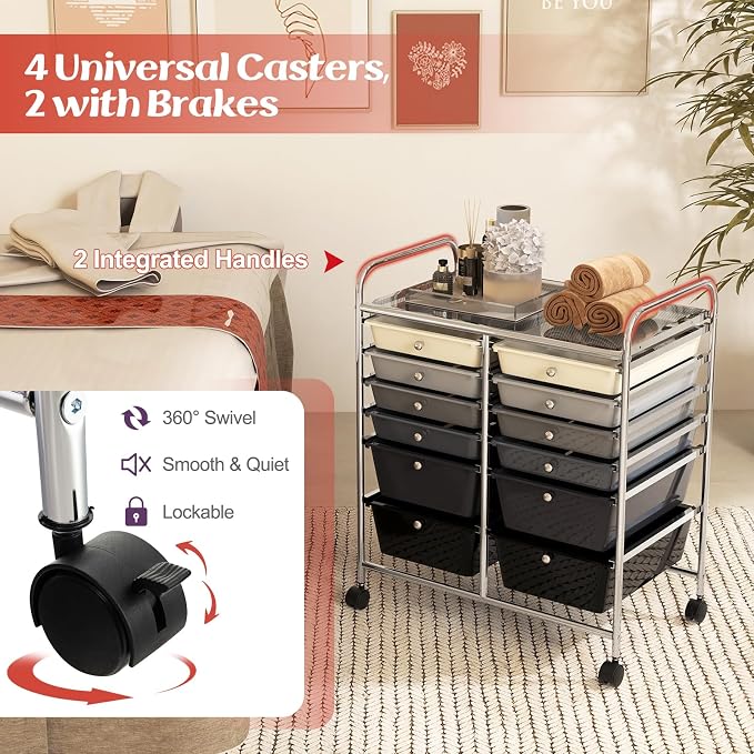 COSTWAY 12-Drawer Rolling Storage Cart, Moveable Art Craft Organizer | Lockable Wheels, Metal Shelf, Files Arrangement Tools Makeup Storage Cart for Office, Home, School (Mixed Black)