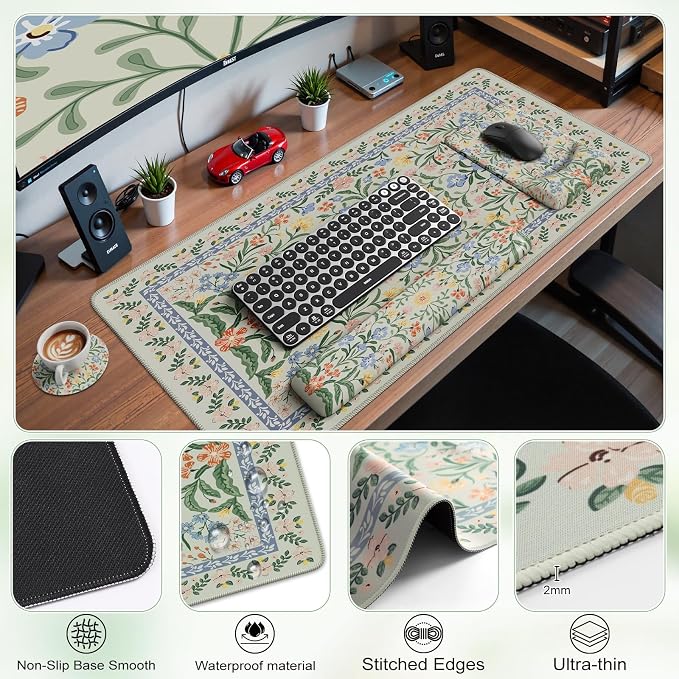 iCasso Mouse Pad with Wrist Rest, Large Desk Mat Set, Light Green | Ergonomic Keyboard Pad with Wrist Support, Non-Slip Mouse Mat for Women, Cute Floral Computer Mat for Home Office Gaming
