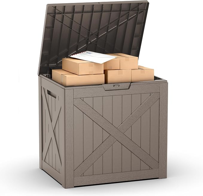 PatioZen 32 Gallon Package Delivery Box, Waterproof Outdoor Package Delivery Box with Lid, UV-Resistant Resin Storage Bench for Patio Furniture, Garden Tools, Cushions, Pool Accessories(Grey)