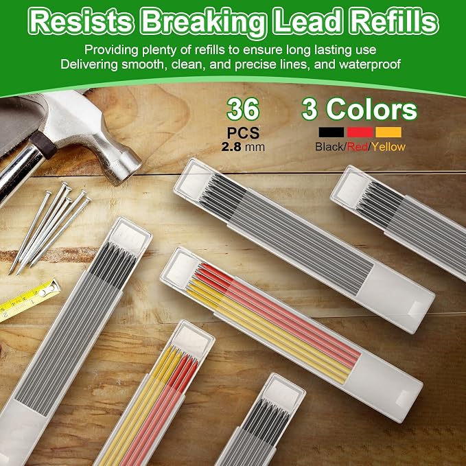 Hiboom 4 Pack Carpenter Pencil with 36 Refills Built In Sharpener (Green) | Concrete Wood Metal, Deep Marking, Multi-Color Refills, 2.8mm Lead, Construction Work, Waterproof, Carpenter Builder DIY