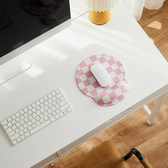 Ohocut Pink Checkered Mouse Pad with Gel Wrist Rest, Wrist Support, Ergonomic Desk Accessories for Girls Women, Office Laptop Gaming Decor, Cute Aesthetic Trendy Check Design