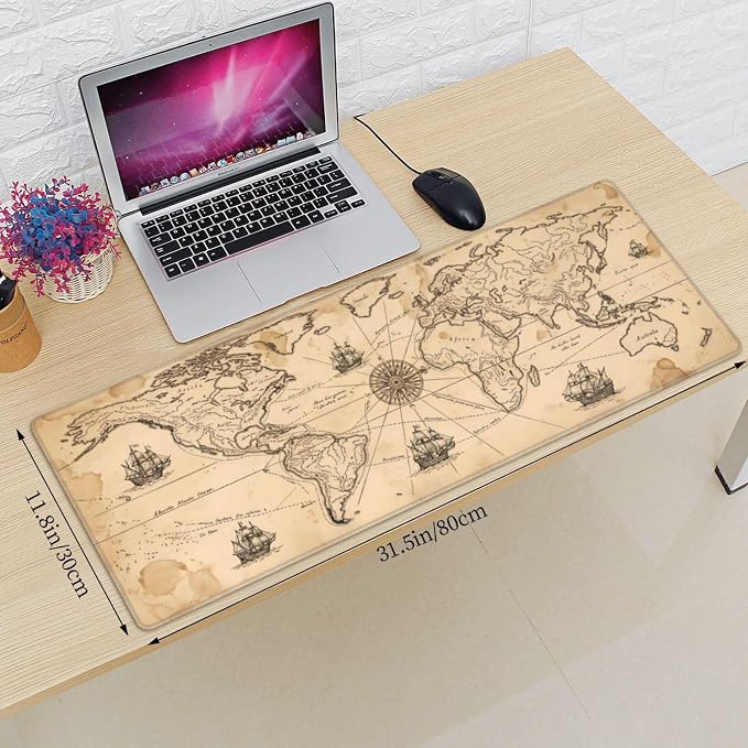 Vintage Map Gaming Mouse Pad Large Extended Desk Mat Non-Slip Rubber Base Keyboard Pad with Stitched Edges for Office Gaming 31.5x11.8 in