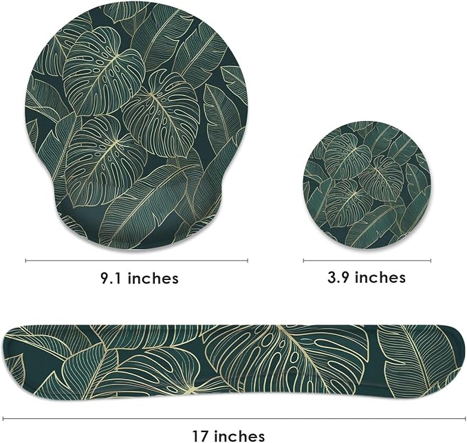 Ergonomic Mouse Pad Set with Wrist Rest, Green Palm Leaves | Tropical Botanical Non-Slip Rubber Base Wrist Cushion Support and Coasters Mousepad with Wrist Support for Computer Keyboard