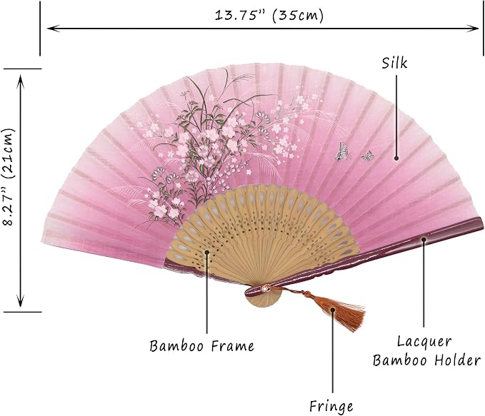 OMyTea® "Grassflowers 8.27"(21cm) Hand Held Folding Fans - With a Fabric Sleeve for Protection for Gifts - Chinese/Japanese Vintage Retro Style (Red)