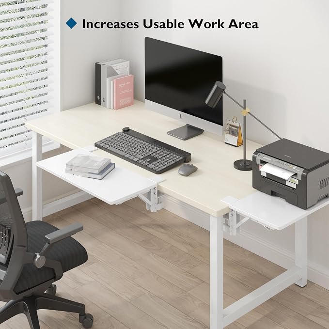 BONTEC Small Ergonomics Desk Extender Tray, 20 x 9.5 Inch, White | 90° Foldable Keyboard Tray Platform, Table Mount Arm Rest Shelf, Clamp on Computer Arm Rest, Suitable for Office Use