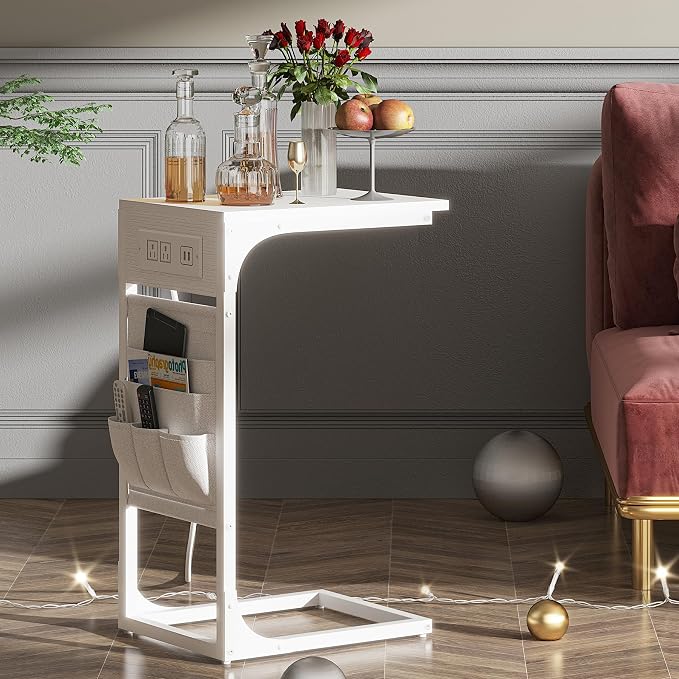 TUTOTAK C Shaped End Table with Charging Station, Side Table for Sofa | Couch Table with Storage Bag, TV Tray with 2 USB Ports and Outlets, Living Room and Bedroom, White TB01BW024