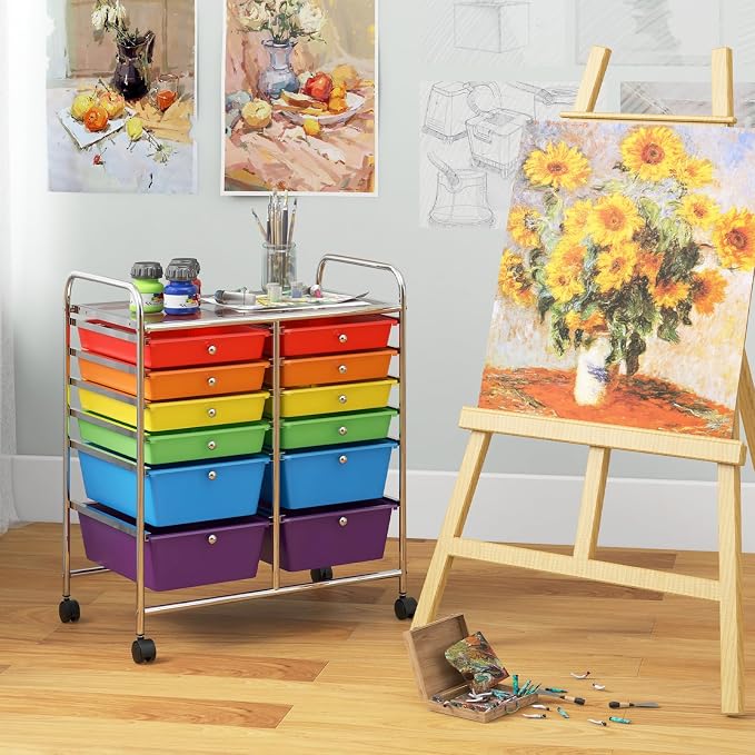12 Drawer Rolling Storage Cart, Craft Cart Organizer on Wheels w/Metal Frame, Large Capacity & Smooth Drawer, Rolling Cart w/Drawers for Classroom, Office