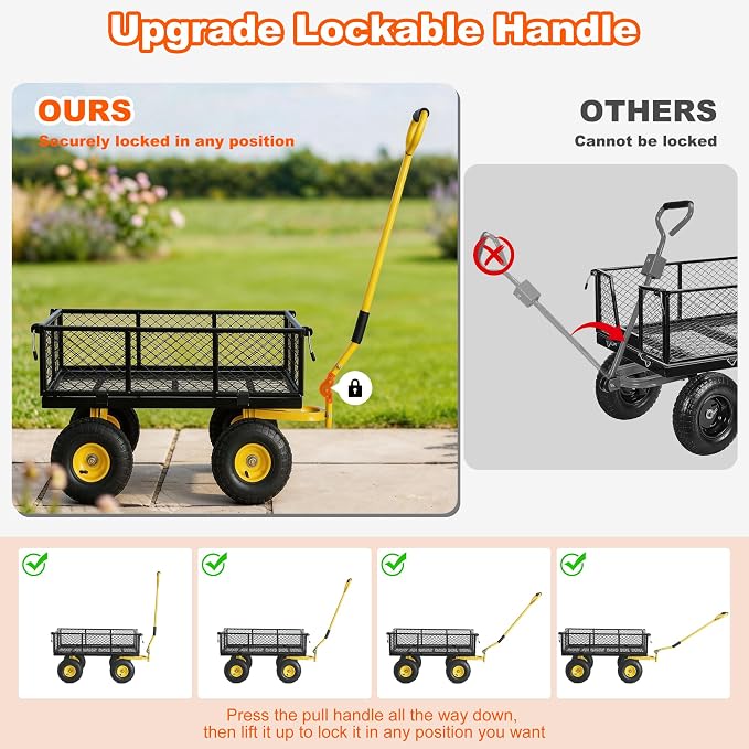 500lbs Heavy Duty Garden Cart, Steel Garden Wagon Cart with Fixedable Rotating Handle for Backyard, Utility Yard Wagon with 10" All Terrain Tires, Mesh Removable Sides