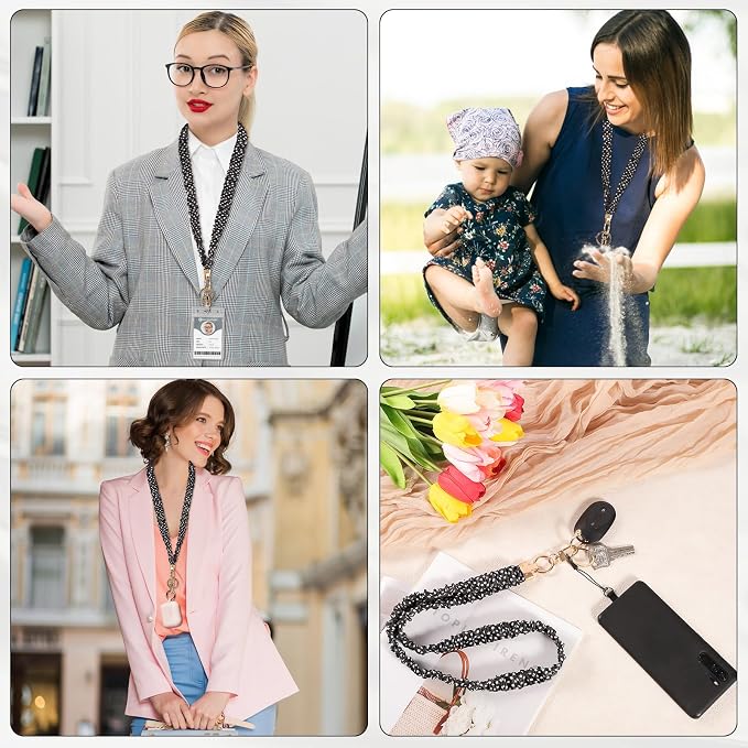 Prudiut Scrunchie Lanyard for Id Badges, Retractable Teacher Lanyards Cute Stretchy Scrunchie Lanyard with Id Holder for Women (Black Polka Dot)