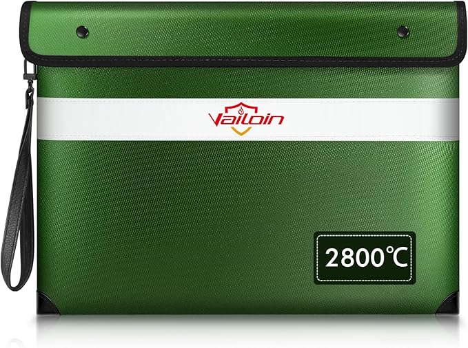 Vailoin 6200°F Fireproof Document Bag, 8 Layers of Heat Insulated Materials | Double-sided Reflective Strip, Waterproof Zipper,Certified to SGS UL94 V-1, for Tablet, Cash, A4-sized documents（Green)