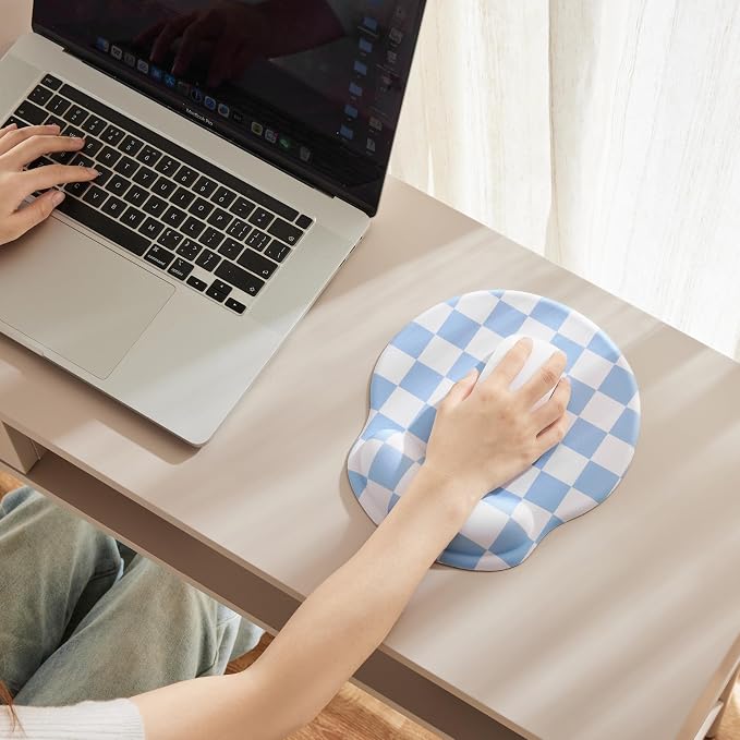 Ohocut Blue Checkered Mouse Pad with Gel Wrist Rest, Wrist Support, Ergonomic Desk Accessories for Women, Office Laptop Gaming Decor, Cute Aesthetic Trendy Check Design
