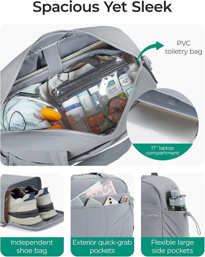 BAGSMART Duffle Bag for Travel, Gym Bag for Women, Weekender Carry on | PVC Wet Pocket, Airline Approved Personal Carry-on Size, Fits Under-seat, One Bag for Gym, Travel, Hospital, Overnight