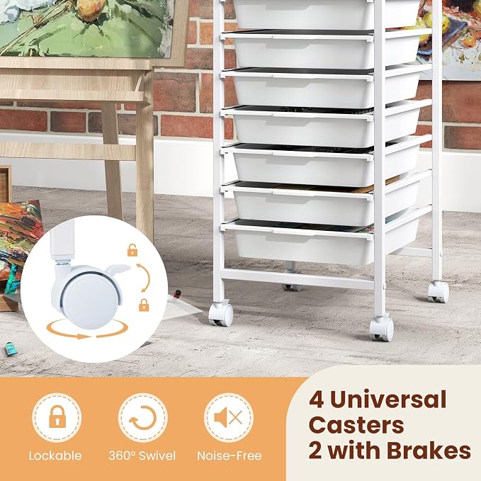 Giantex Rolling Storage Cart with 10 Drawers, Utility Cart w/Wooden Tabletop, Lockable Wheels, Multipurpose Organizer for Art Craft Books Paper, Drawer Carts for Dorm Classroom Office, White