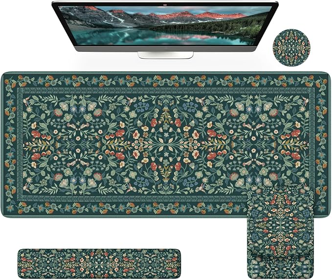 iCasso Mouse Pad with Wrist Rest,Ergonomic Large Desk Mat Set, Deep Green | Keyboard Pad with Wrist Support, Non-Slip Mouse Mat for Women, Cute Floral Computer Mat for Home Office Gaming