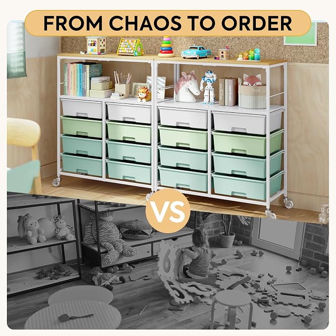 Rolling Storage Cart with 8 Large Drawers, Wooden Tabletop | Open Storage Shelves, Mobile Craft Organizer with Lockable Wheels for Home, Classroom, Office Supplies & Art Studio,Green