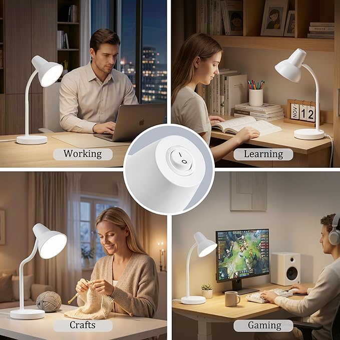 LED Desk Lamps for Home Office, Flexible Gooseneck Eye-Caring Study Lamps | Energy-Saving Desk Light, Anti-tip Heavy Duty Bedside Reading Light, Desk Lamps for College Dorm, Home Office, with 1.6m Cord