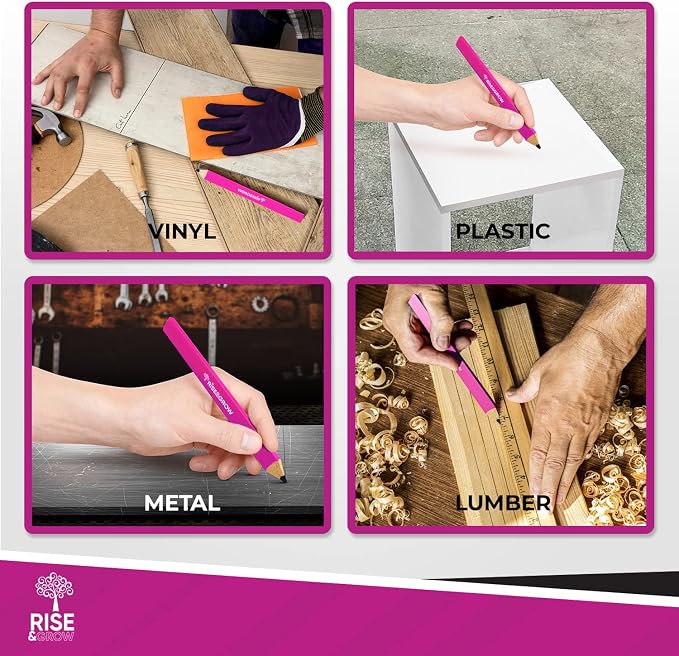 Rise & Grow 50 Set, Neon Pink Carpenters Pencils Bulk 7” – HB Lead Flat Construction Pencils for Men and Women - Woodworking Pencil for Marking Wood, Concrete and Plastic (Pink)