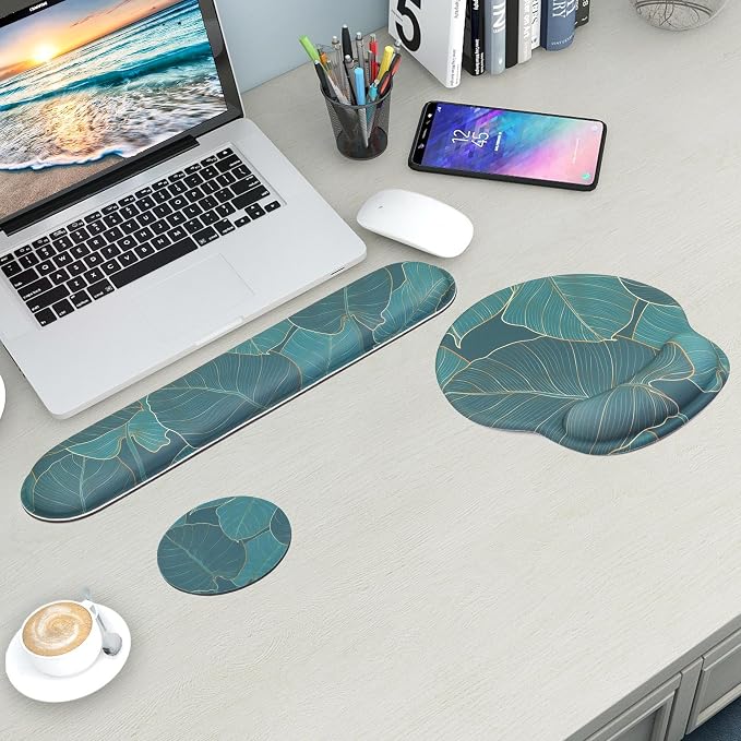 Mouse Pad and Keyboard Wrist Rest Support,Ergonomic Mouse Pad Set | Mousepad With Coaster and Non-Slip PU Base,Pain Relief for Desk Desktop Gaming, Computer,Office -Beach