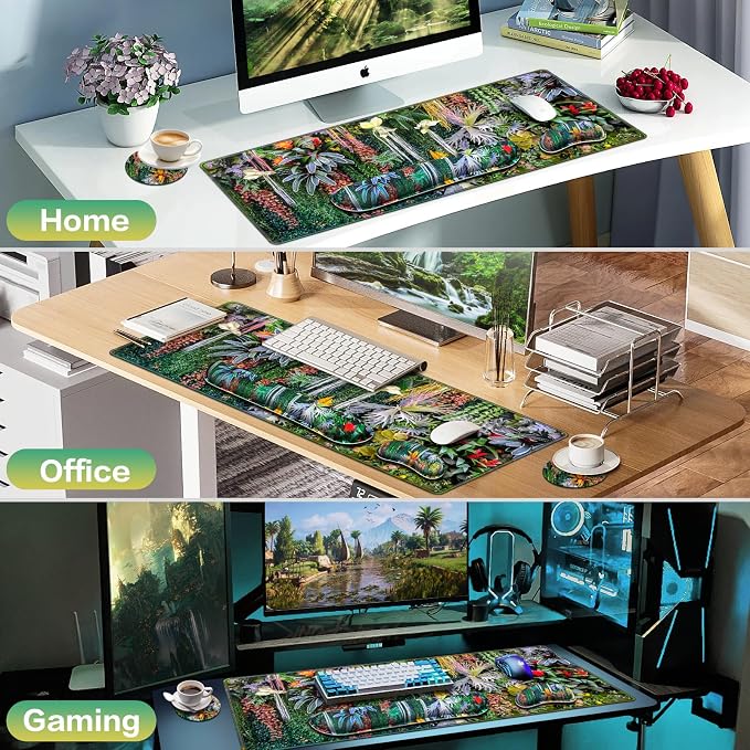 Desk Mat Floral, Large Gaming Mouse Pad with Wrist Rest 4in1 XXL | Mousepad+Keyboard Wrist Rest+Mouse Pad Wrist Support+Cup Coaster Set Ergonomic Computer Desk Arm Wrist for Decor Office Women