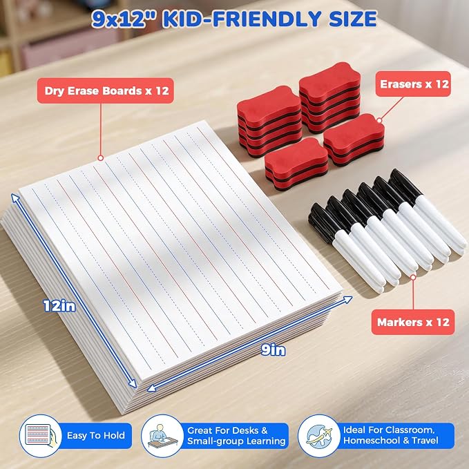 GAMENOTE 12 Pack Magnetic Dry Erase Lap Boards, Lined and Blank, 9 x 12 in | 12 pack double sided 9 x 12 boards pair a lined side with a blank side for reusable writing practice