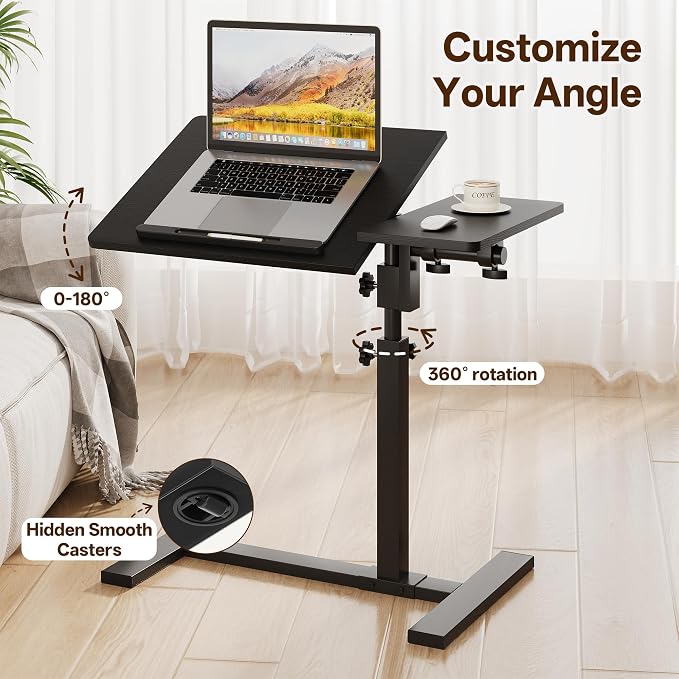 Overbed Table with Wheels Rolling, Adjustable Mobile Bedside Desk | Flip-Top, Laptop Table, C Shaped End Side Table for Couch, Sofa, Bed, Recliner and Home Use, Large Black