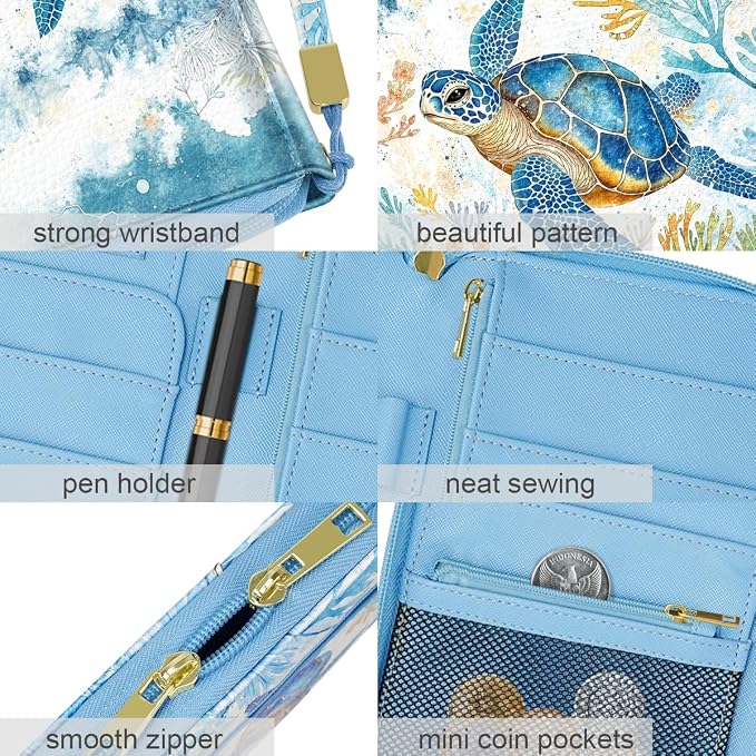 Family Passport Holder Wallet RFID Blocking Document Organizer | PU Leather Mulit-purpose Travel Wallet Credit Cards Case for Women Men, Sea Turtle