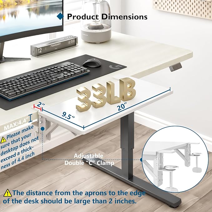 BONTEC Small Ergonomics Desk Extender Tray, 20 x 9.5 Inch, White | 90° Foldable Keyboard Tray Platform, Table Mount Arm Rest Shelf, Clamp on Computer Arm Rest, Suitable for Office Use