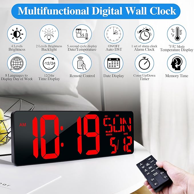 17.2"Large Digital Wall Clock Large Display with Remote Control 180°Visible | Timer with Temperature Date Week Auto DST Adjustable Brightness, for Living Room Classroom Garage Gym Gift for Senior Mom Dad