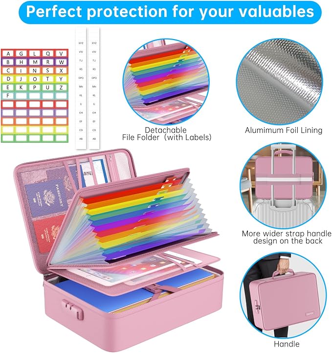 ENGPOW Fireproof File Organizer Bag with 13 Pockets Accordion File Folder | 5200℉ Document Organizer Box with Lock & Labels, Multi-Layer, Portable Home Safe Storage for Important Documents, Pink