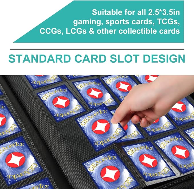GEAoffice 16 Pocket Trading Card Binder for 1000+ Cards, Ringless Side-Loading 4x4 Card Binder with Zipper Closure, PU Leather 1024 Card Binder for MTG/TCG/Baseball/Sports&Game Cards, Turquoise