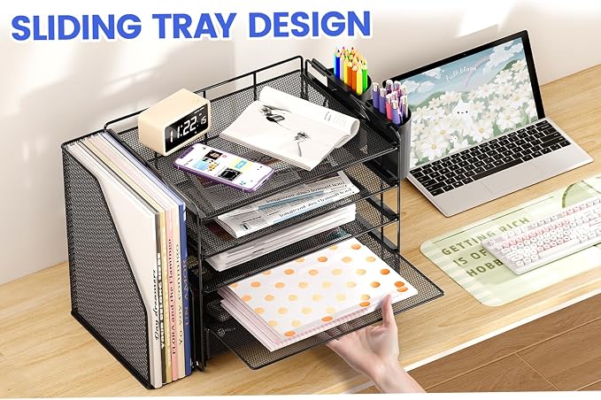 Desk Organizer, 5-Tier Desktop File Organizer with Drawer and Pen Holders, Office Desk Accessories, File Sorters, Workspace Organizers for Office Supplies(Black)