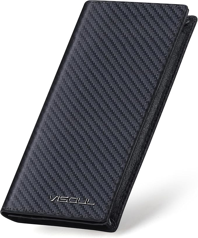 VISOUL Leather Checkbook Cover Wallet for Men with RFID Blocking, Mens Long Bifold Cash Tall Wallet with 11 Credit Card Slots 1 ID Window (Black+Black)