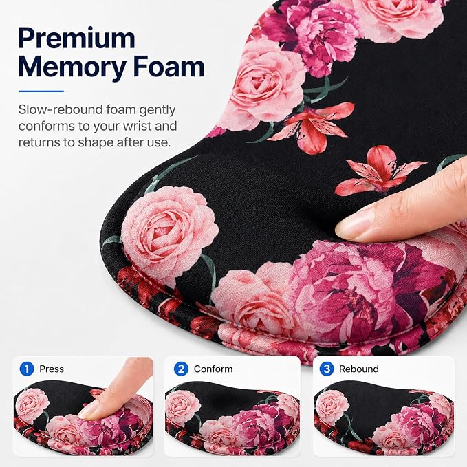 Mouse Pad with Wrist Rest Ergonomic Memory Foam Support, Non-Slip Rubber Base, Comfortable Typing Cushion for Home Office Computer Laptop, Flowers Pink
