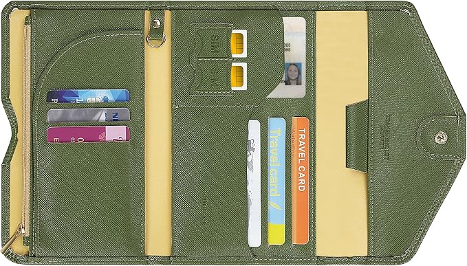 Passport Holder Travel Wallet Organizer for Women,Army Green | RFID secure, 6 card slots, 14 sim pockets, passport holder with zip-around wallet, slim fit for women travelers.